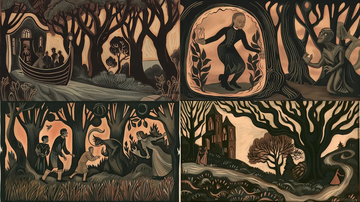 Enigmatic Twilight Tales: A Vintage Woodcut Fusion - Midjourney sref style