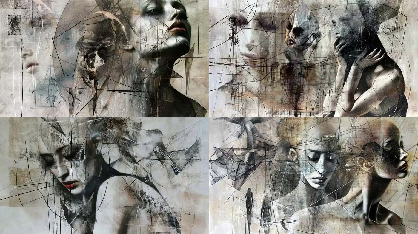 Ephemeral Whispers of Time: A Contemplative Fusion of Abstracted Realism and Moody Surrealism - Midjourney sref style