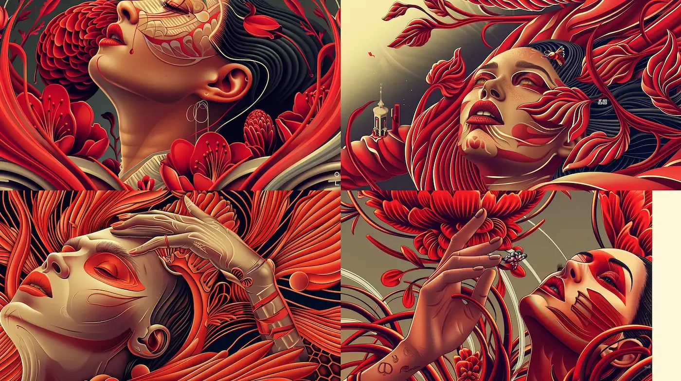 Vibrant and intricate expression of emotion through surreal floral patterns and human forms - Midjourney sref style