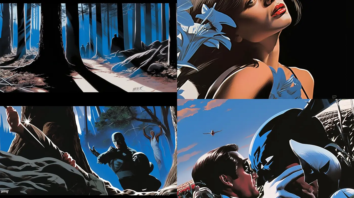 Nocturnal Elegance with Enigmatic Shadows: A Homage to Alex Ross's Realistic Superhero Portraiture - Midjourney sref style