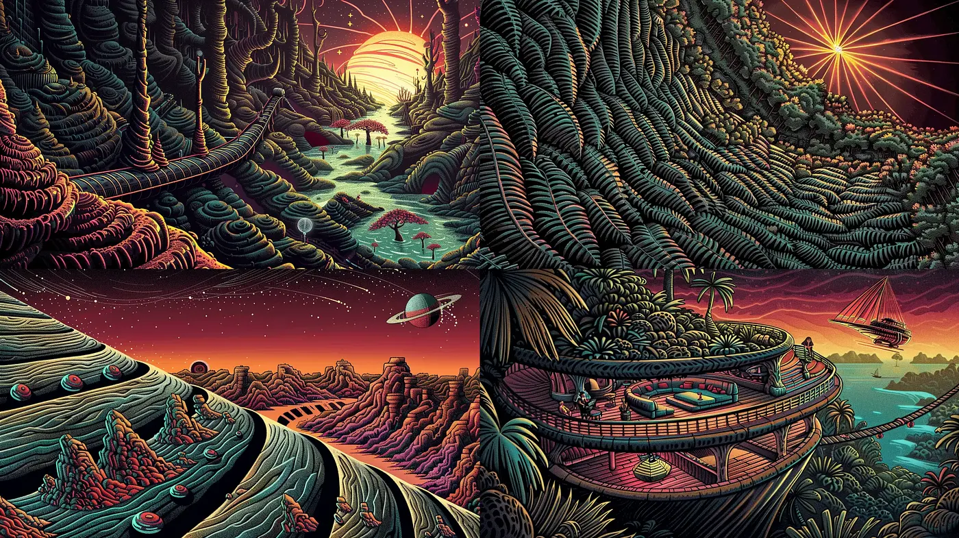 Surreal Fantasy Horizons Embodied in Rich Detail and Vibrant Hues - Midjourney sref style