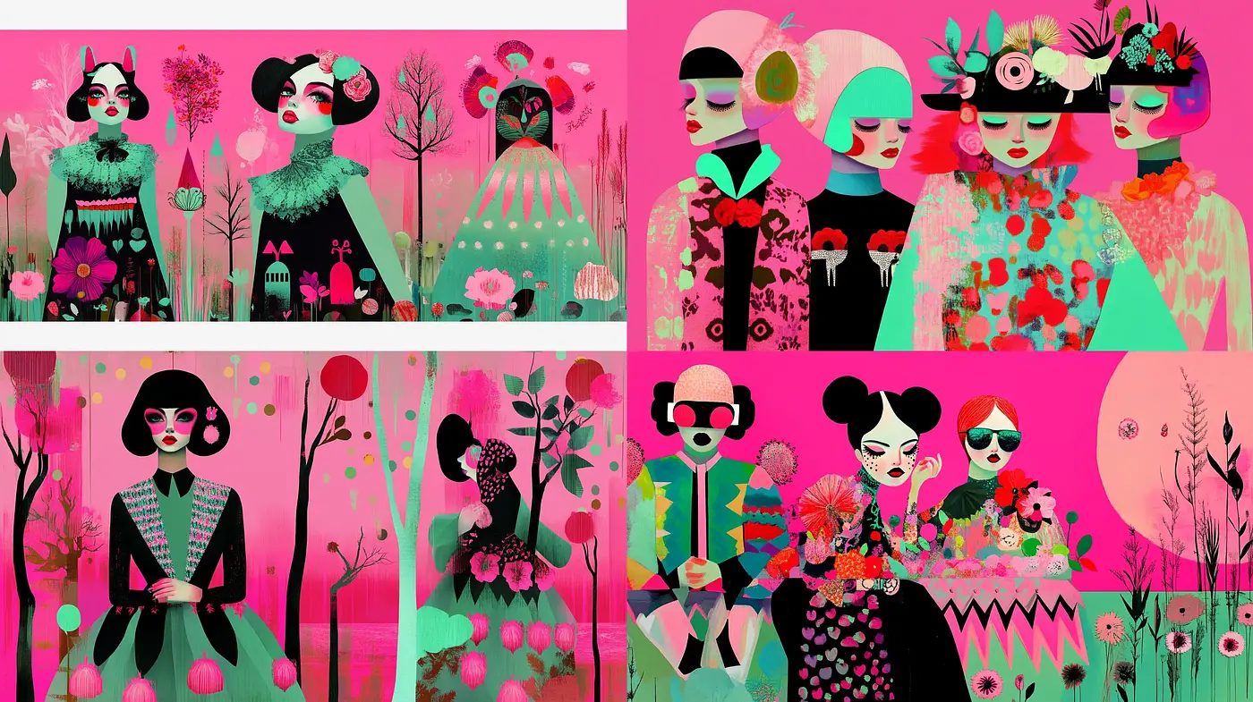 Whimsical Fuscia Symmetry: A Study in Stylized Character Illustration - Midjourney sref style