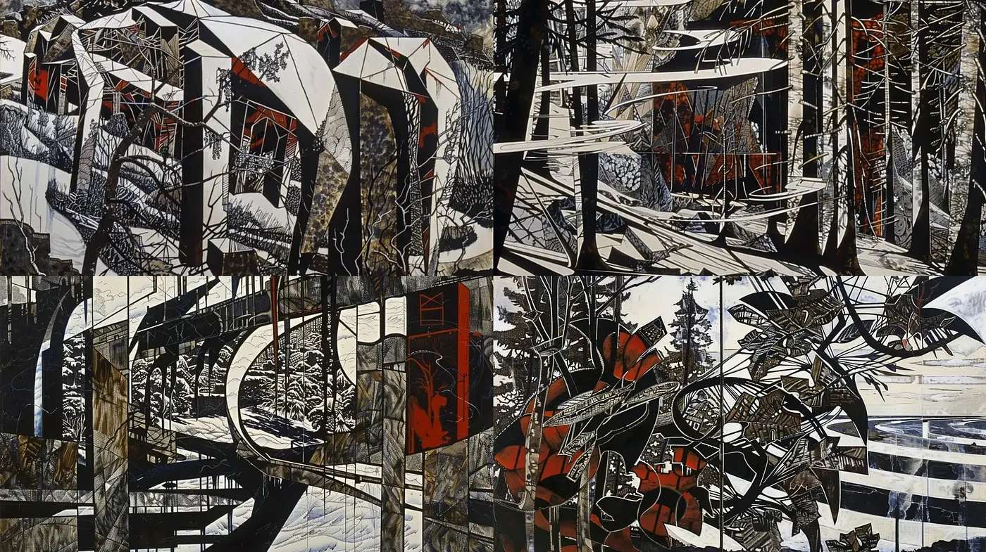 Intricate Complexity of Abstraction in Monochrome with Accents of Vibrancy - Midjourney sref style