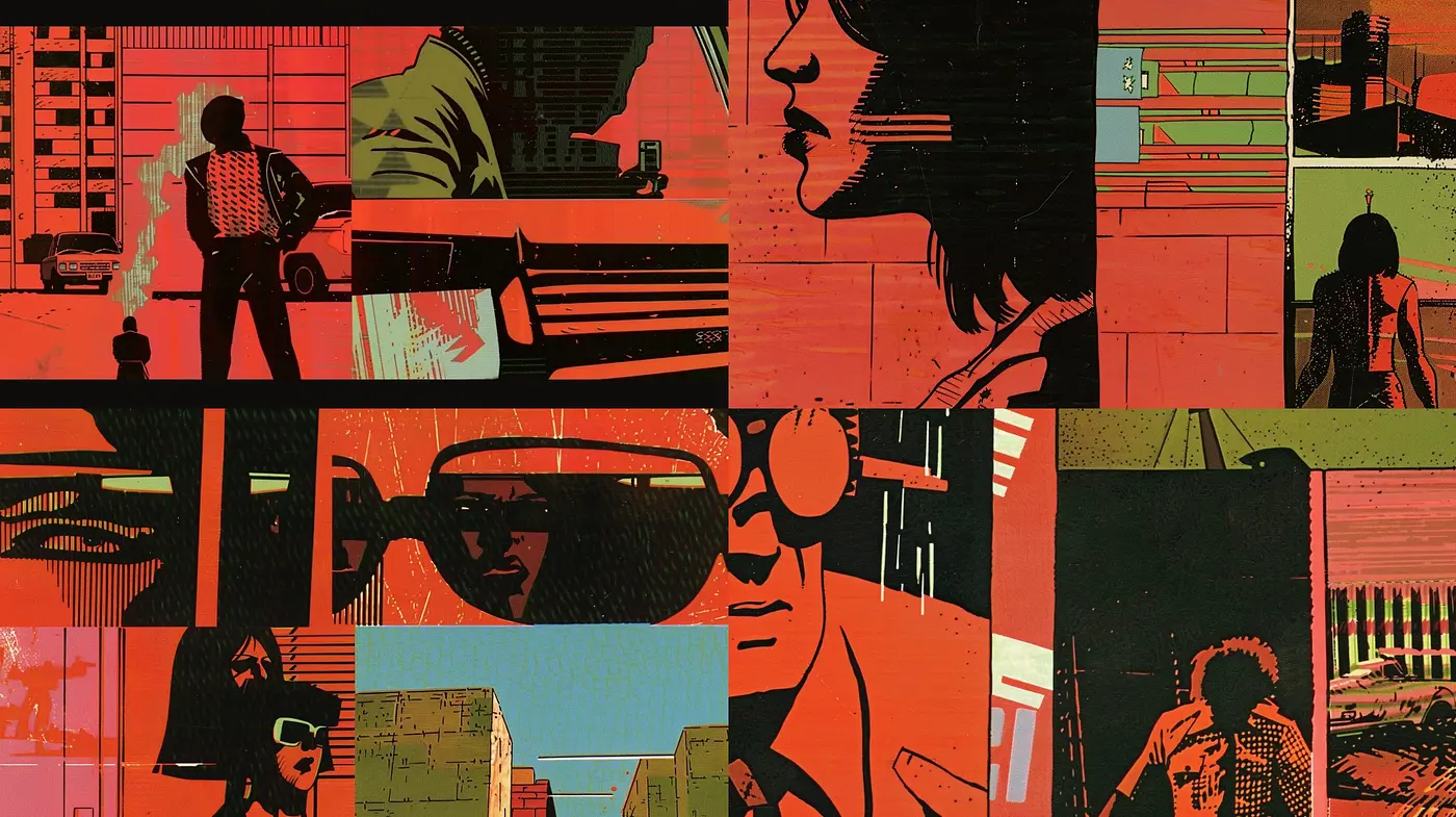 Retro Futurist Noir: Stylized Urban Contrasts with a Vintage Palette - Midjourney sref style