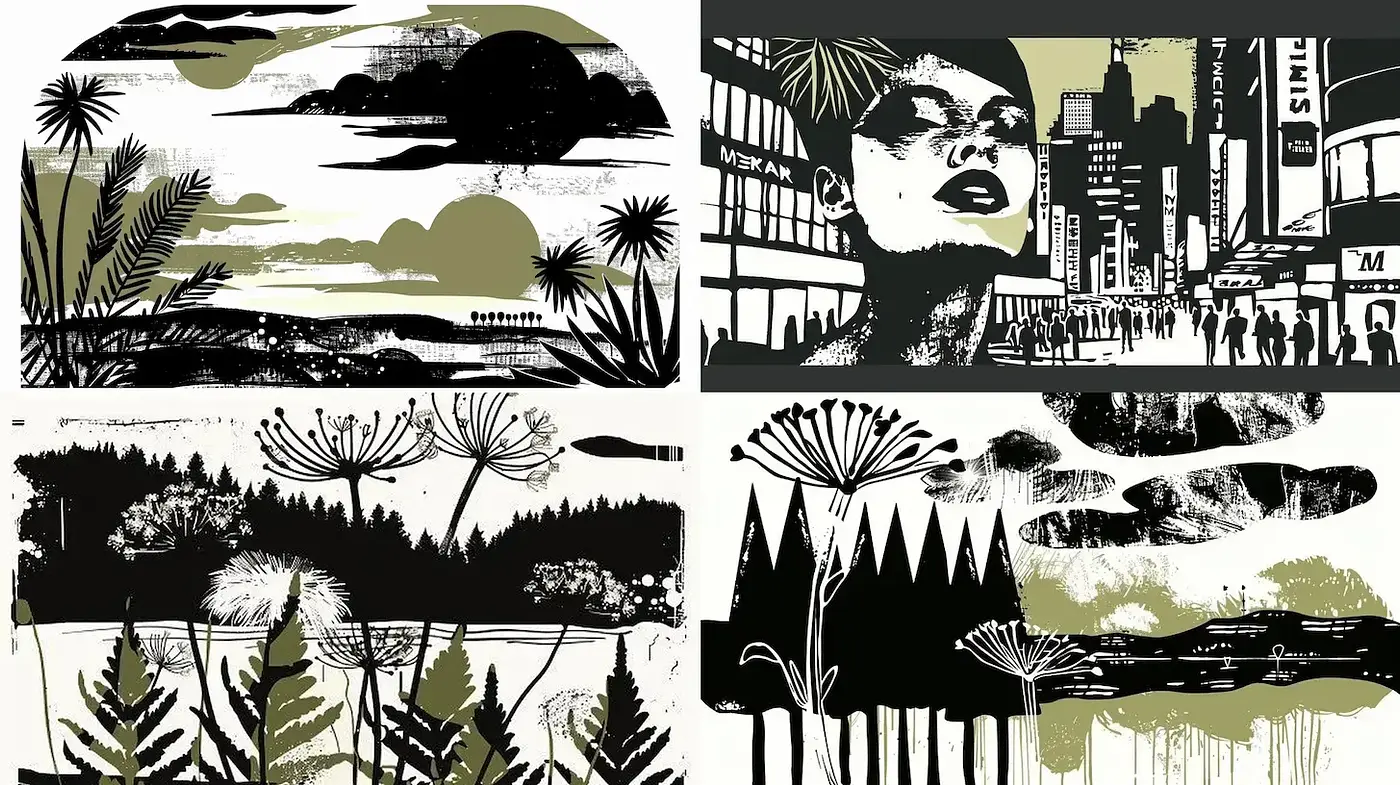 Visually Striking Black and White Art with Earthy Tones and Organic Forms - Midjourney sref style