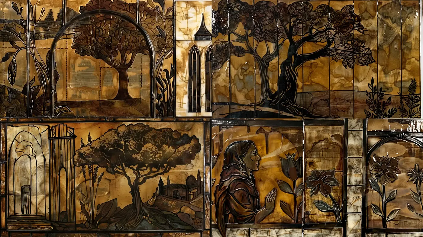 Stained Glass Serenade: Echoes of Art Nouveau and Stylized Nature - Midjourney sref style