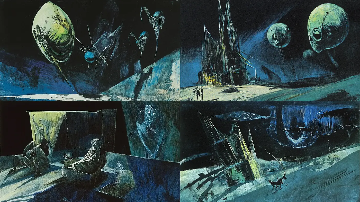 Otherworldly Sci-Fi Dreamscape in Dynamic Blue Tones - Midjourney sref style