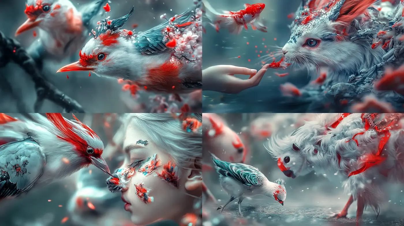 Ethereal Crimson Avian Fantasy in a Dreamlike Tableau - Midjourney sref style