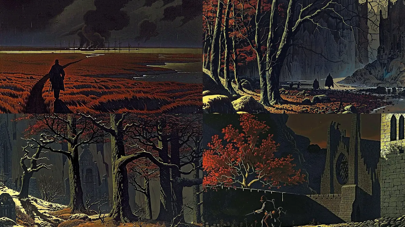 Eerie Twilight Hues: A Study in Nocturnal and Gothic Ambiances - Midjourney sref style