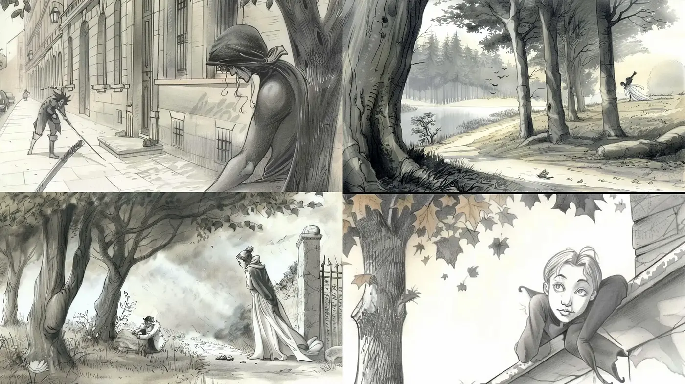 Monochromatic Moments in Stylized Ink Wash Illustrations - Midjourney sref style