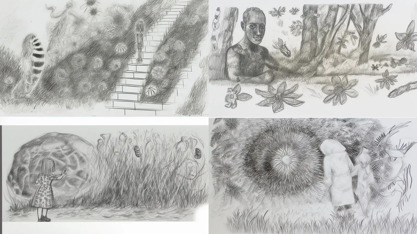 Whimsical Graphite Dreamscape: A Journey Through Surreal Sketches and Ethereal Textures - Midjourney sref style