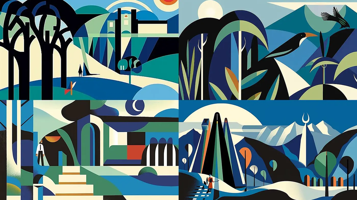 Geometric Serenity: A Harmonious Blend of Art Deco Design and Soothing Landscape Illustrations - Midjourney sref style