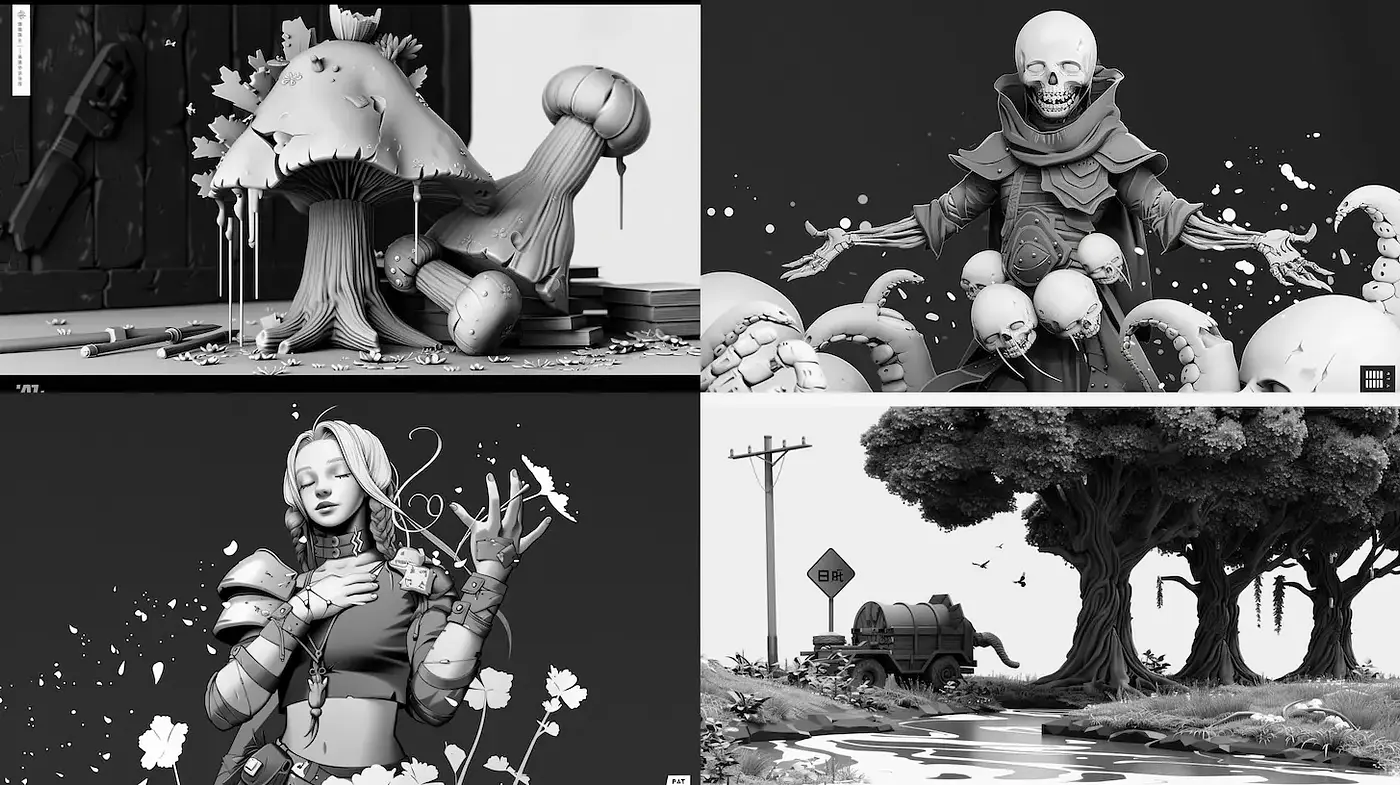 Surreal monochrome exploration of whimsical forms and organic themes - Midjourney sref style