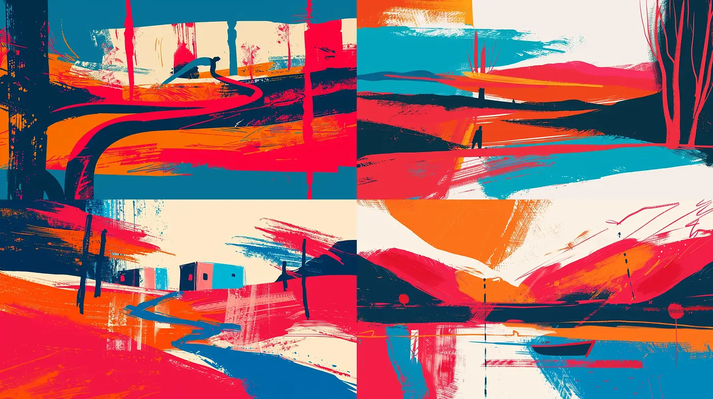 Dynamic Abstract Expressionist Landscapes with Bold Contrasts - Midjourney sref style