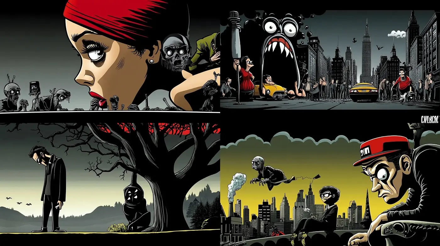 Noir-Influenced Comic Artistry with Surrealist Undertones - Midjourney sref style