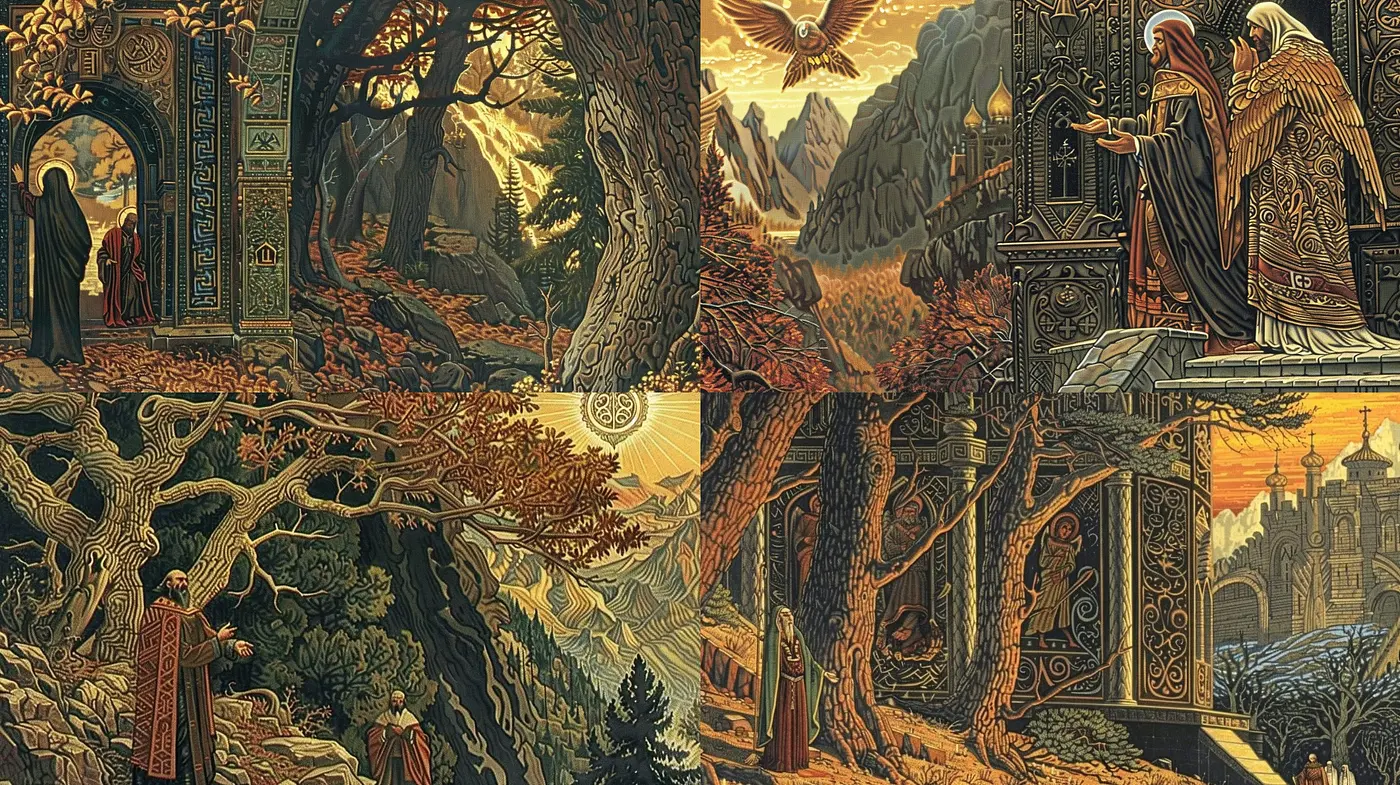 Ethereal Expanse of Stylized Mythology: A Fantastical Color Medley with Dreamlike Ambiance - Midjourney sref style