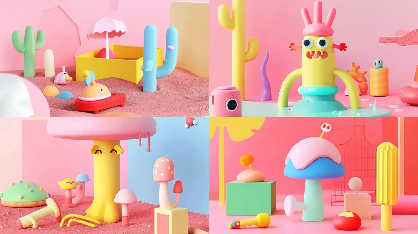 Surreal Candy-Colored Dreamscape with Playful Geometric Forms - Midjourney sref style