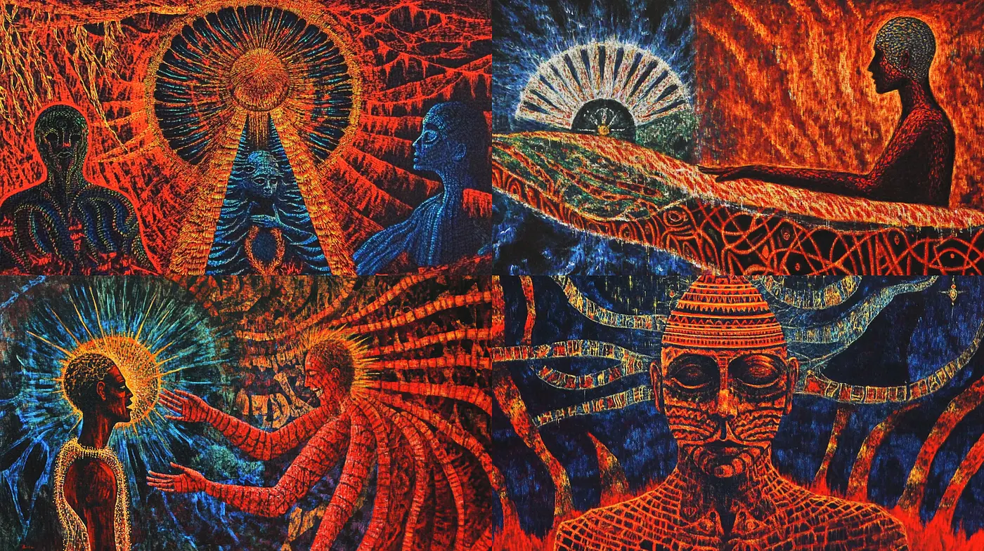 Vividly Abstract Exploration of Spiritual Connection and Cosmic Energy - Midjourney sref style