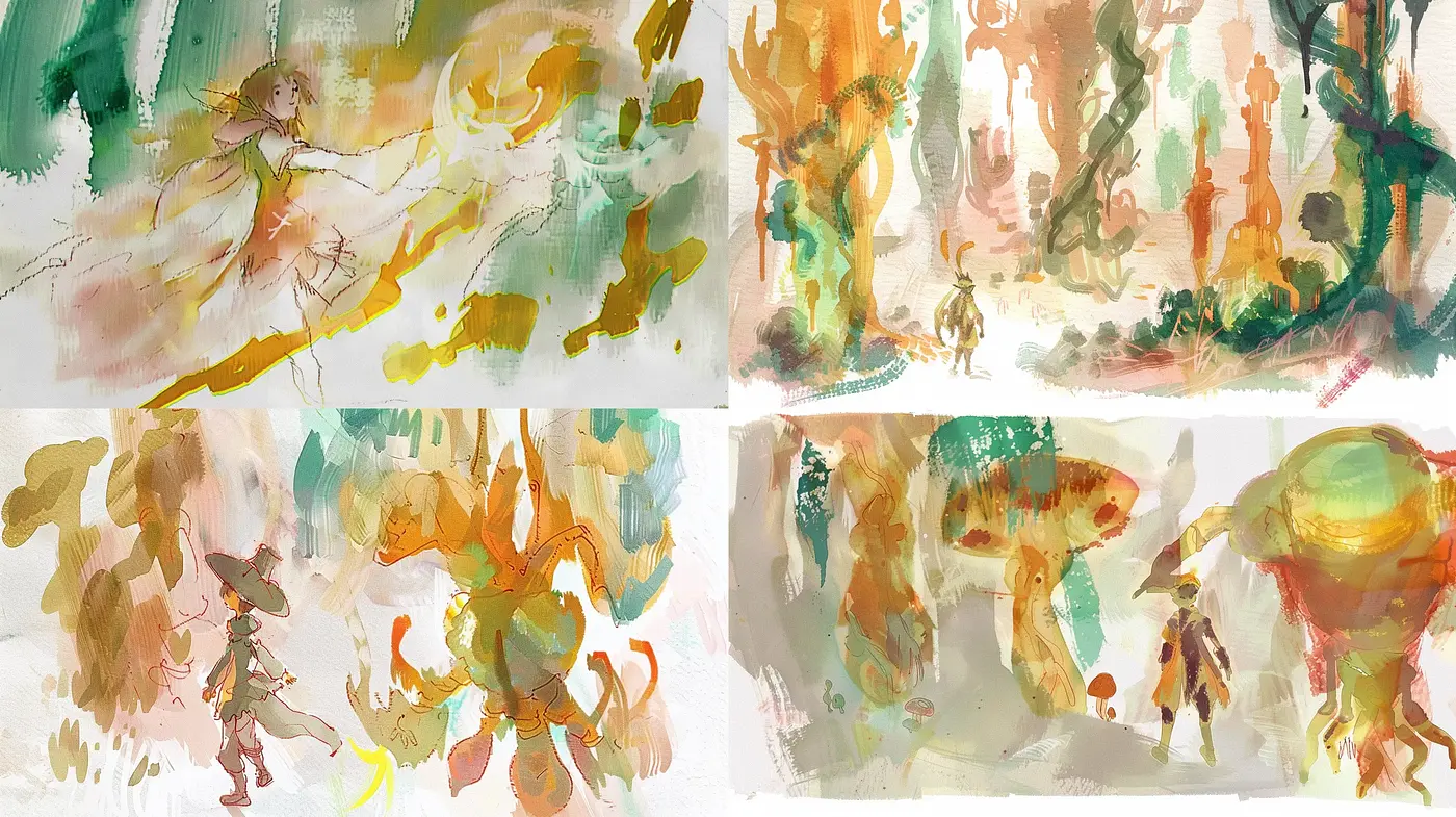 Whimsical Brushstrokes of Enchanted Forest Hues - Midjourney sref style