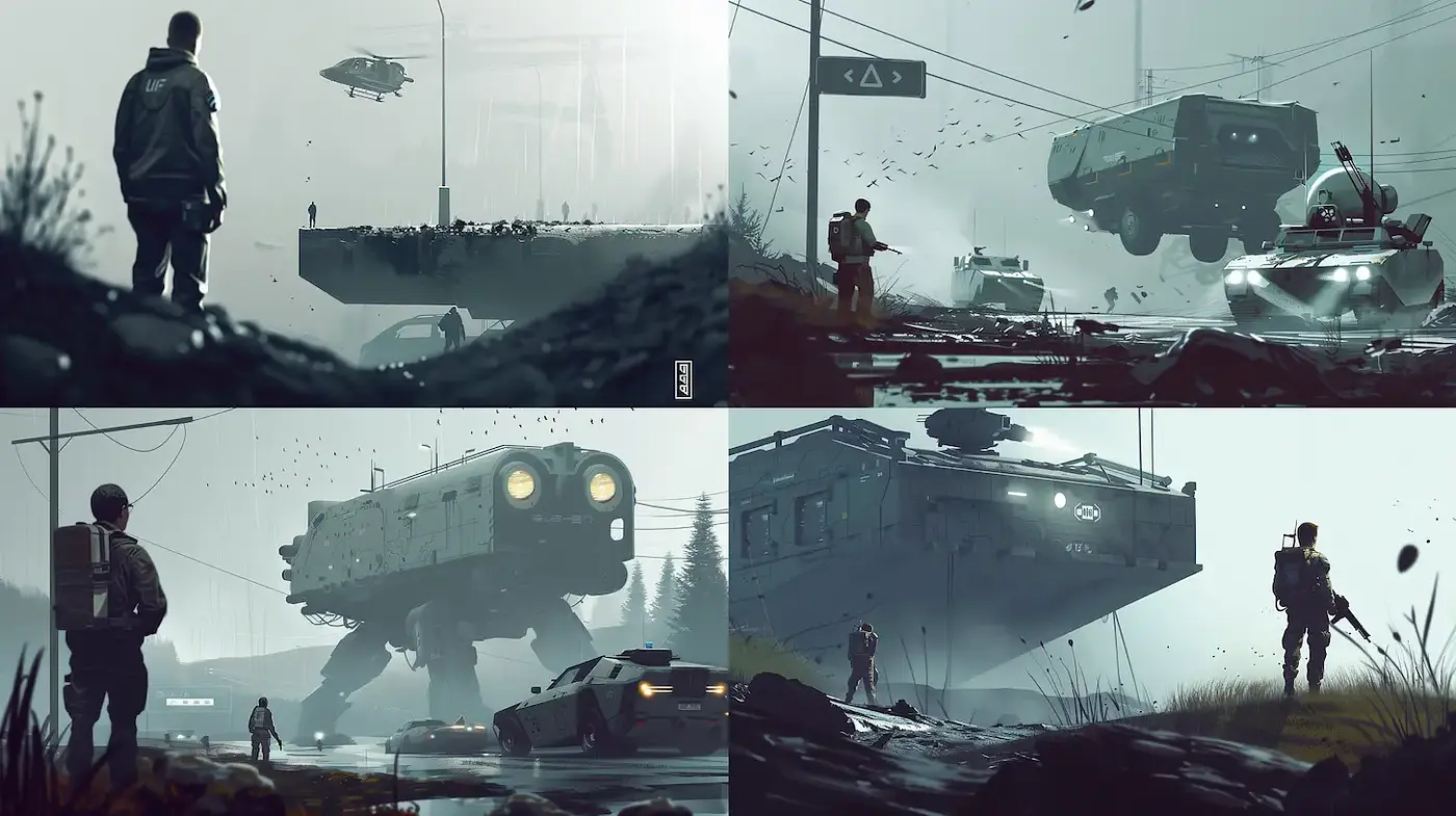 Futuristic dystopian landscapes with a cinematic quality - Midjourney sref style