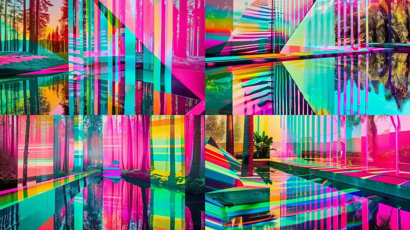 Vibrant and Reflective Geometric Landscapes with a Futuristic Vibe - Midjourney sref style