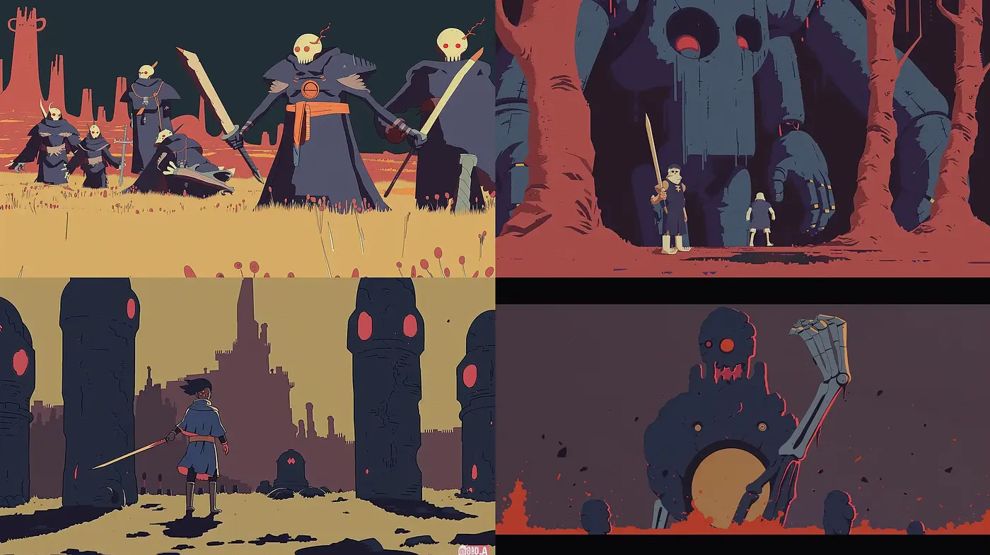 Stylized Dystopian Vignettes with a Contrasting Red and Blue Palette - Midjourney sref style