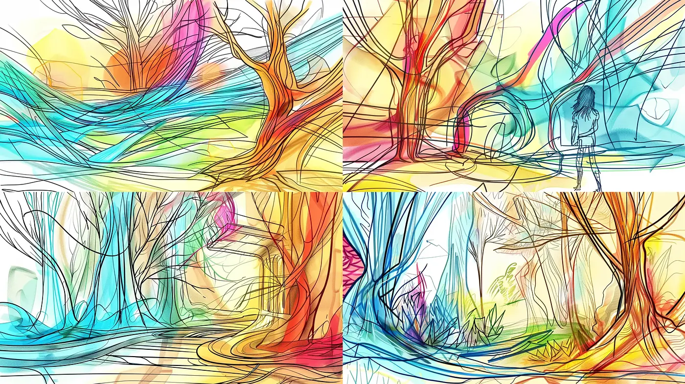 Lively Sketchbook Fantasia: Vivid Nature in Line and Color - Midjourney sref style