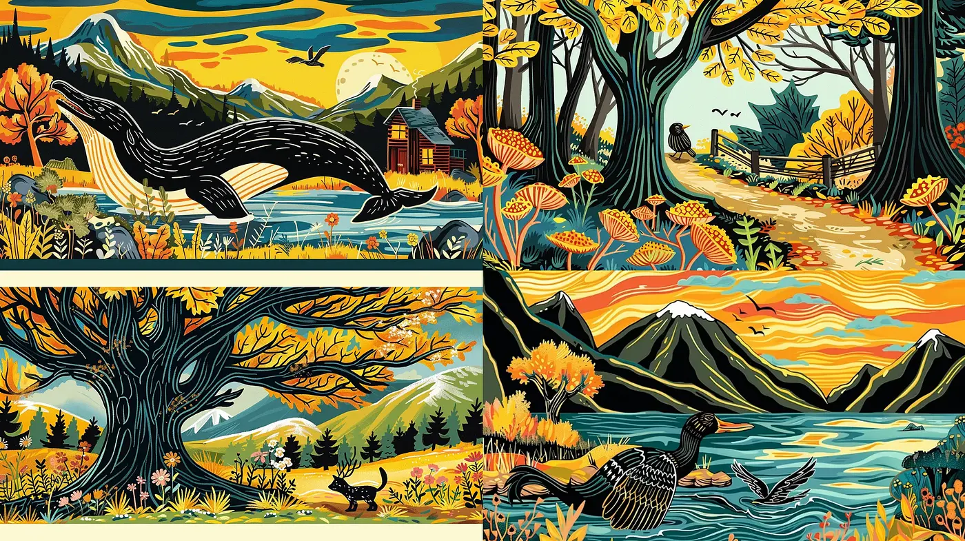 Consistent Vintage Wilderness in Stylized Nature Tableaus - Midjourney sref style