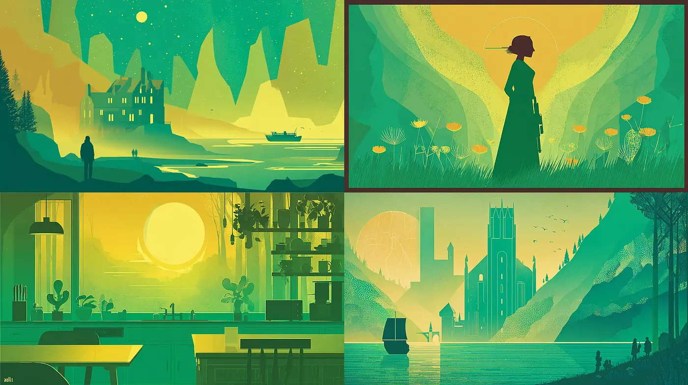 Serene and Enigmatic Landscapes with a Modernist Touch - Midjourney sref style