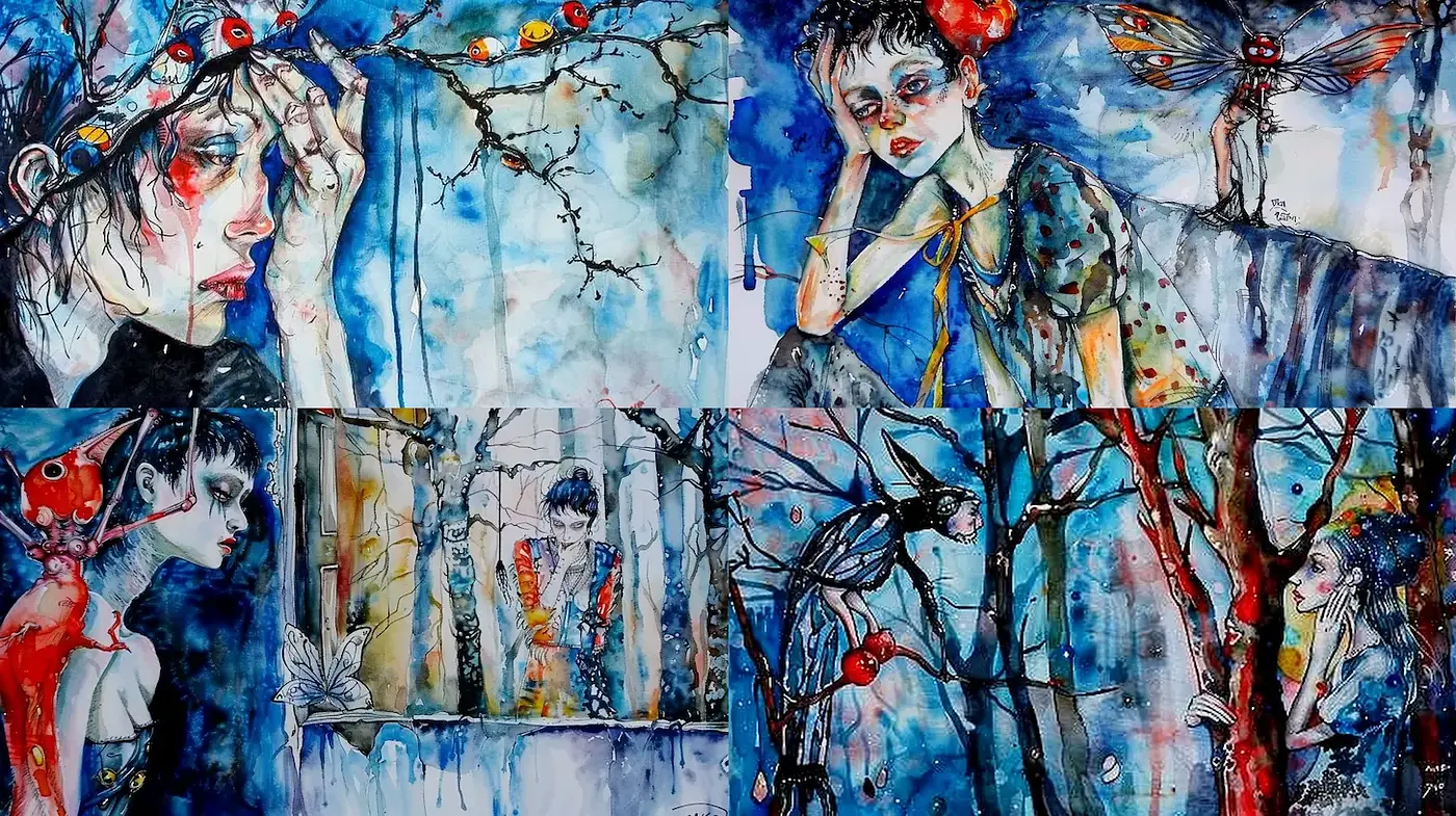 Expressionistic Watercolor Art with Whimsical and Melancholic Undertones - Midjourney sref style