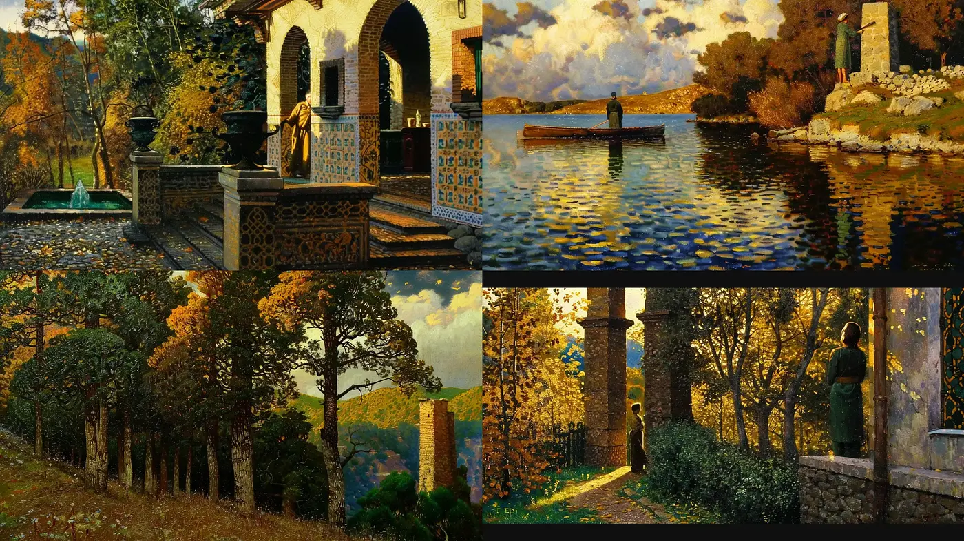 Autumnal Serenity in Lush Landscapes: A Synthesis Of Realism And Ornamental Texture - Midjourney sref style