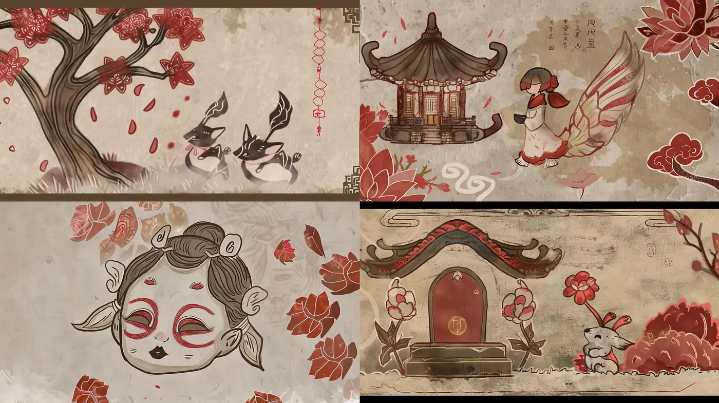 Ethereal Elegance in Sepia and Scarlet: A Dance of Traditional Asian Motifs and Modern Stylization - Midjourney sref style