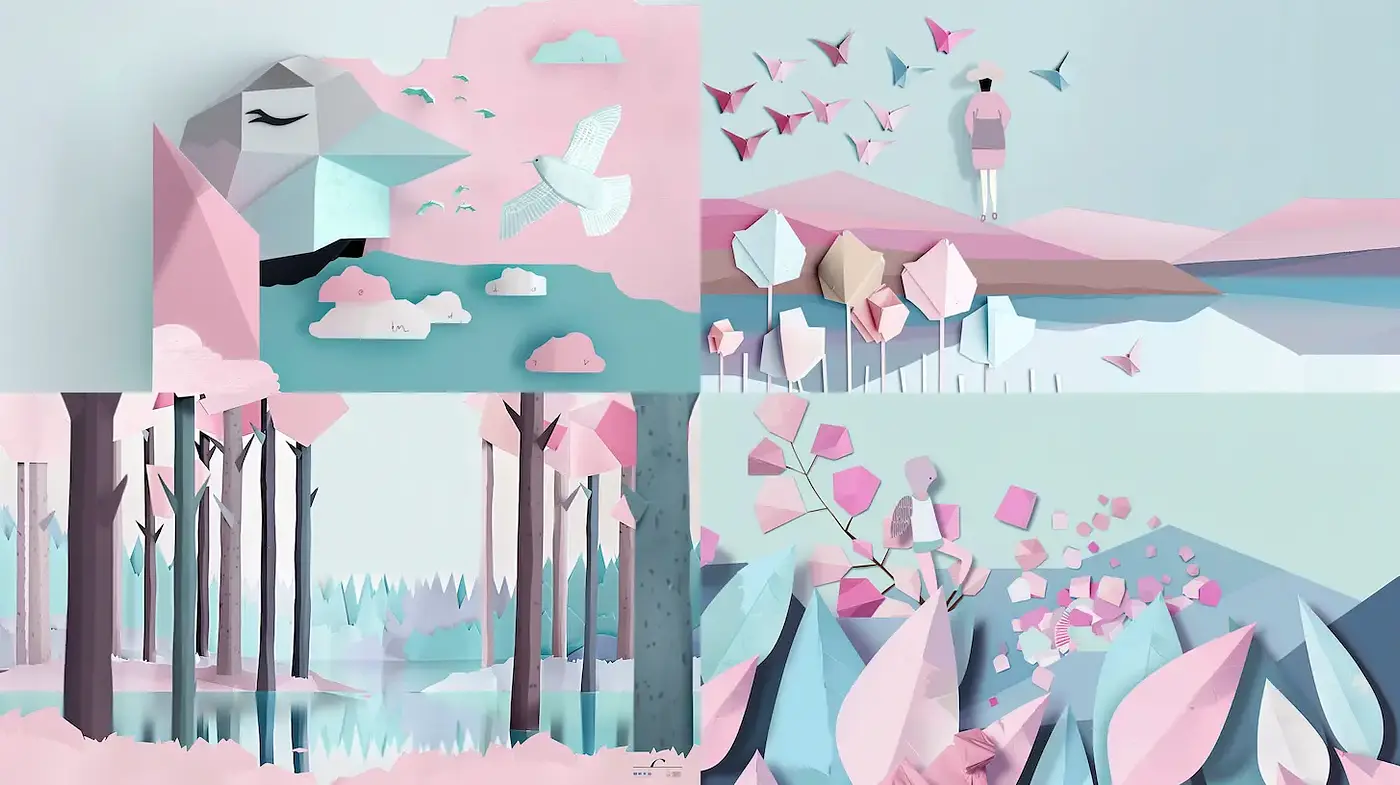 Minimalist and Whimsical Paper Art with Soft Pastels - Midjourney sref style