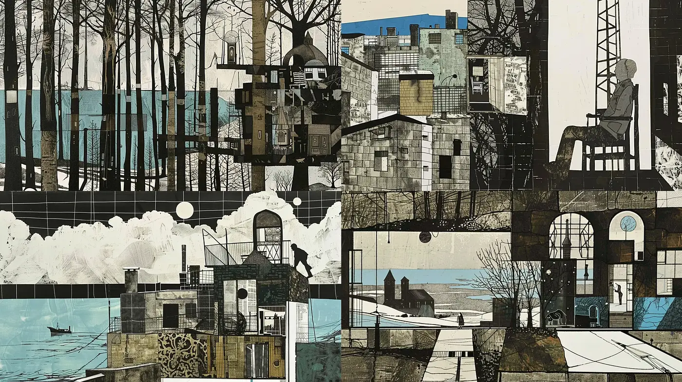 Eclectic Collage of Urban Tranquility and Chaos - Midjourney sref style