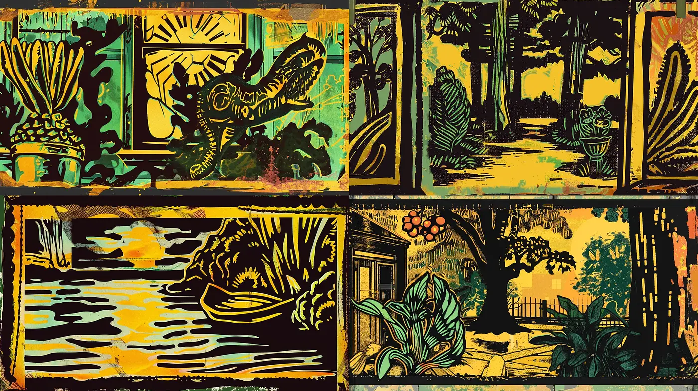 Ethereal Nightscapes in Stylized Woodcut Expressionism - Midjourney sref style