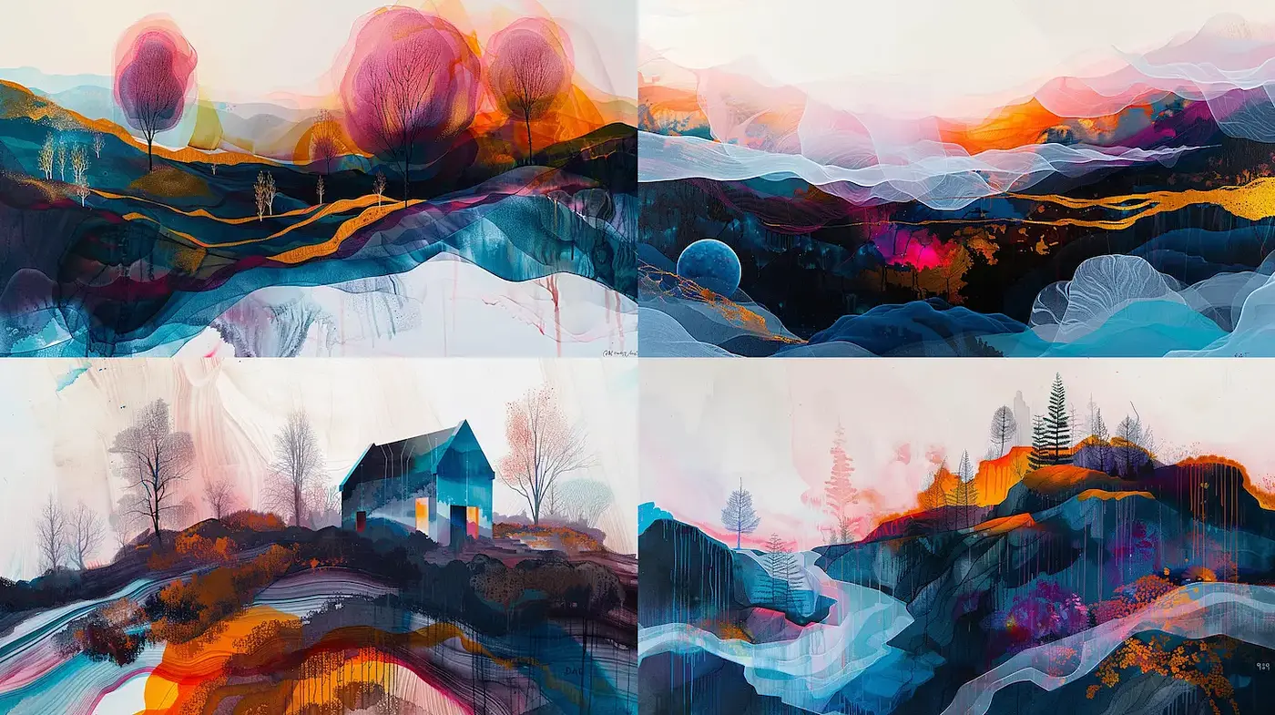 Ethereal Landscapes with Vivid Color Play and Soft Transitions - Midjourney sref style