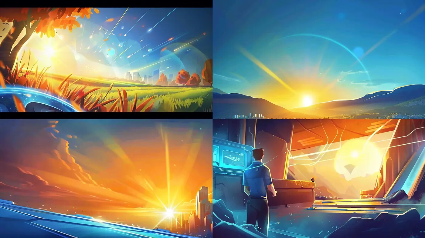 Radiant Dawn to Dusk: A Harmonized Display of Saturated Skies and Luminous Landscapes - Midjourney sref style