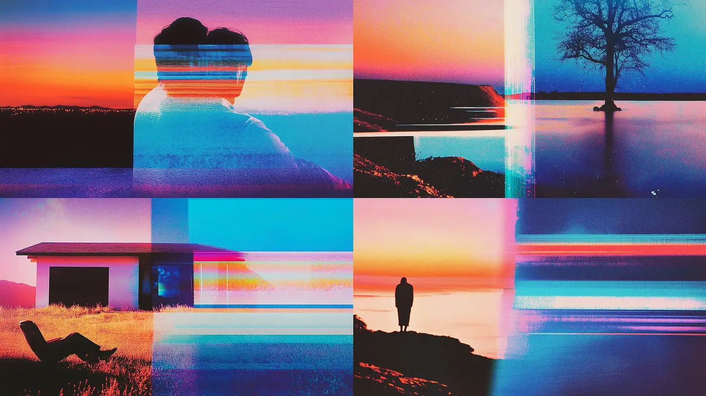 Synthetic Dusk: Digital Glitch and the Aesthetic of Virtual Sunsets - Midjourney sref style