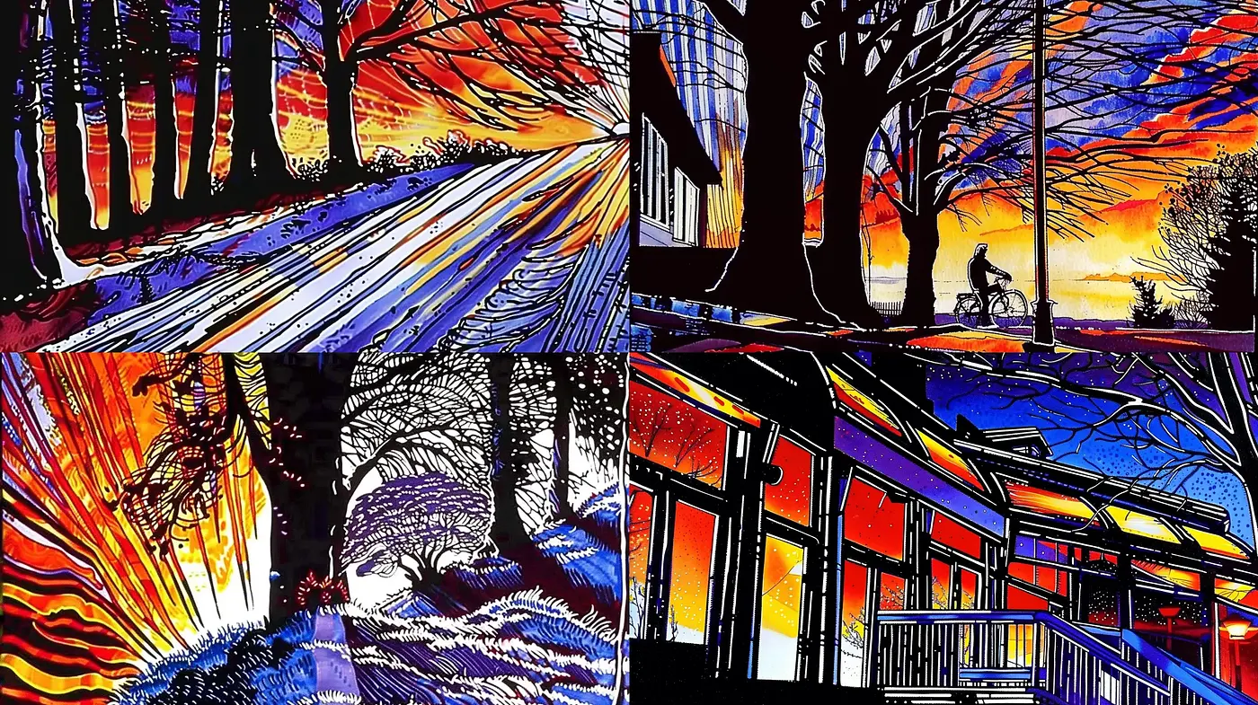 Vivid Nocturne Silhouettes with Luminous Twilight Hues - Midjourney sref style