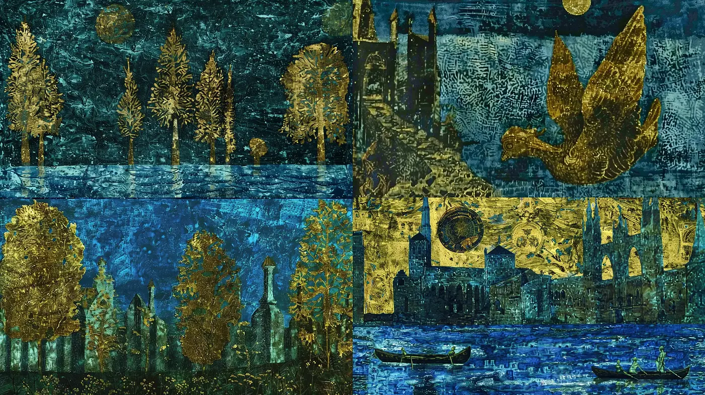 Nocturnal Elegance in Textured Azure and Gold - Midjourney sref style
