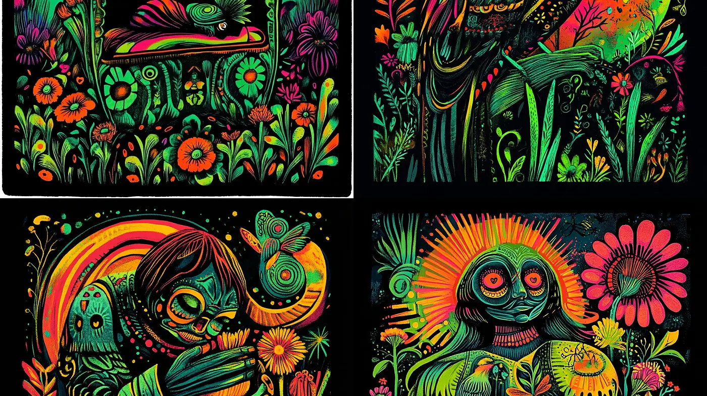 Psychedelic Nature's Dreamscape: A Luminous Journey - Midjourney sref style