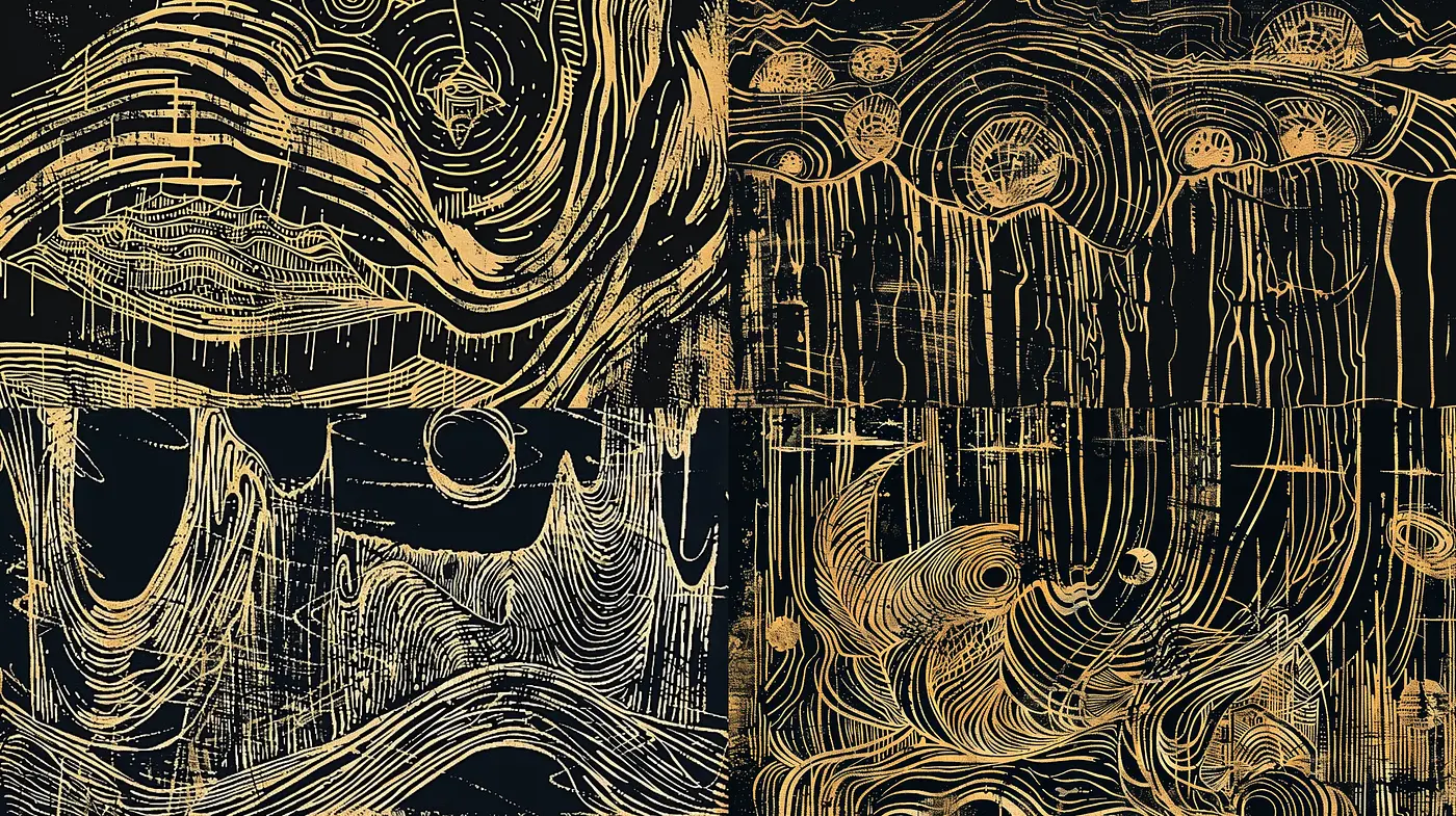 Abstract Linear Whirls in Monochromatic Gold Over Black - Midjourney sref style