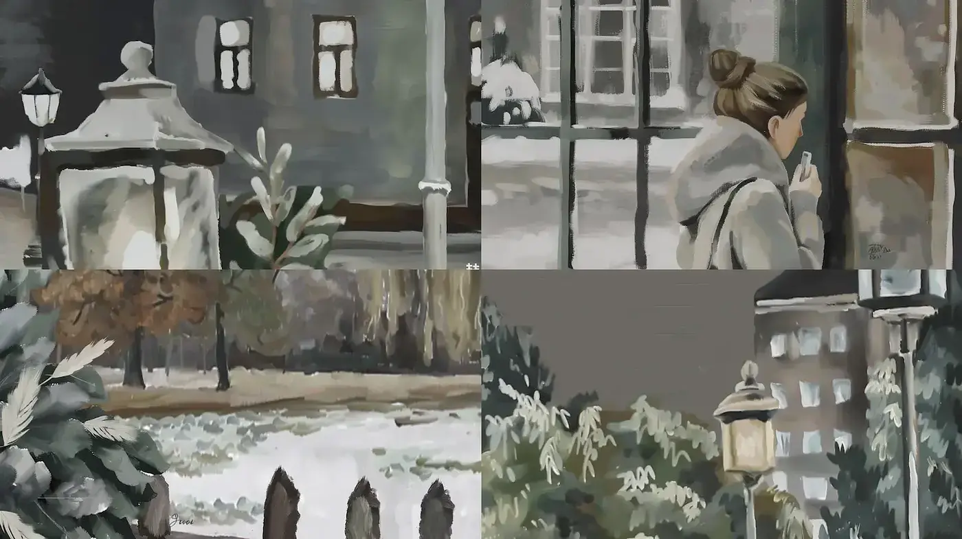 Winter Landscapes with Subtle Human Elements in a Nostalgic Palette - Midjourney sref style