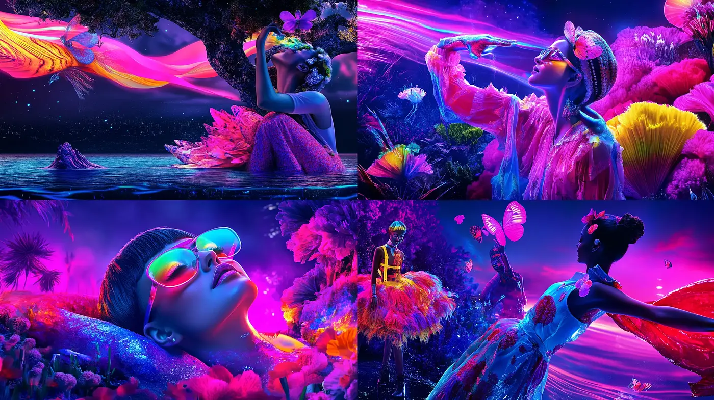 Luminous Fantasy Dreamscape with Vibrant Neon Tones - Midjourney sref style