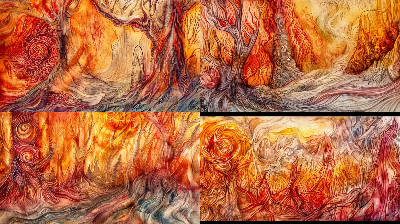 Rhapsody in Flames: An Exploration in Vivid Whorls and Marbled Textures - Midjourney sref style