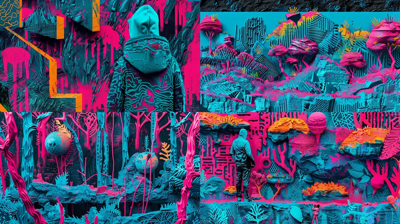 Vibrant surrealistic landscapes with strong geometric elements - Midjourney sref style
