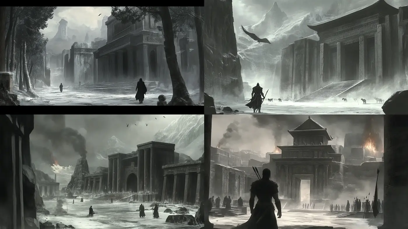 Monochromatic Epochs: A Timeless Fusion of Historic Ambiance and Elegant Decay - Midjourney sref style