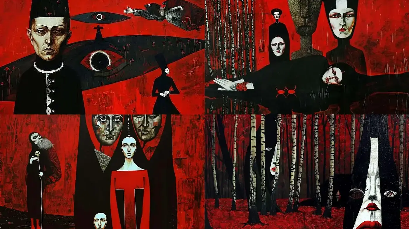 Stark Surrealist Fusion with a Gothic Undertone - Midjourney sref style