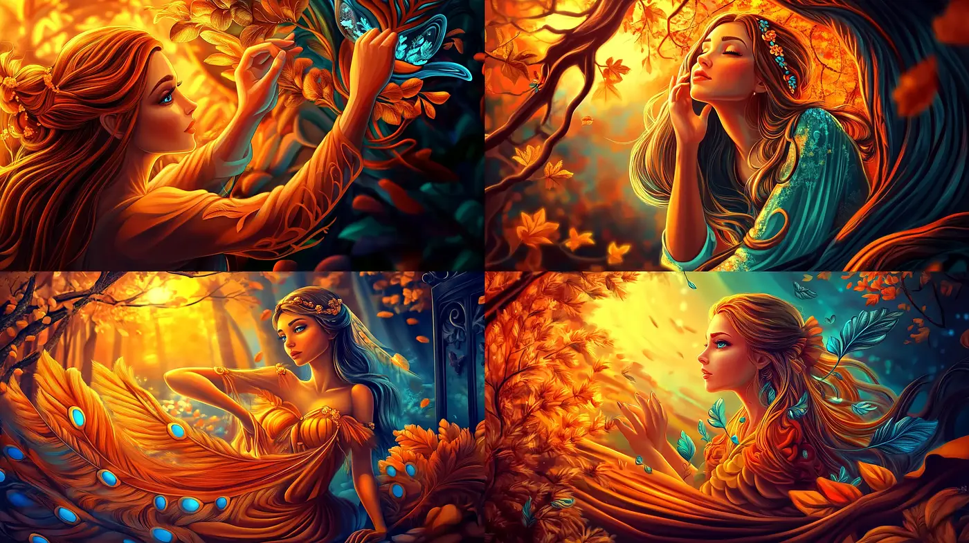 Enchanted Autumn Twilight: A Harmonious Fusion of Warm Hues and Stylized Fantasy - Midjourney sref style