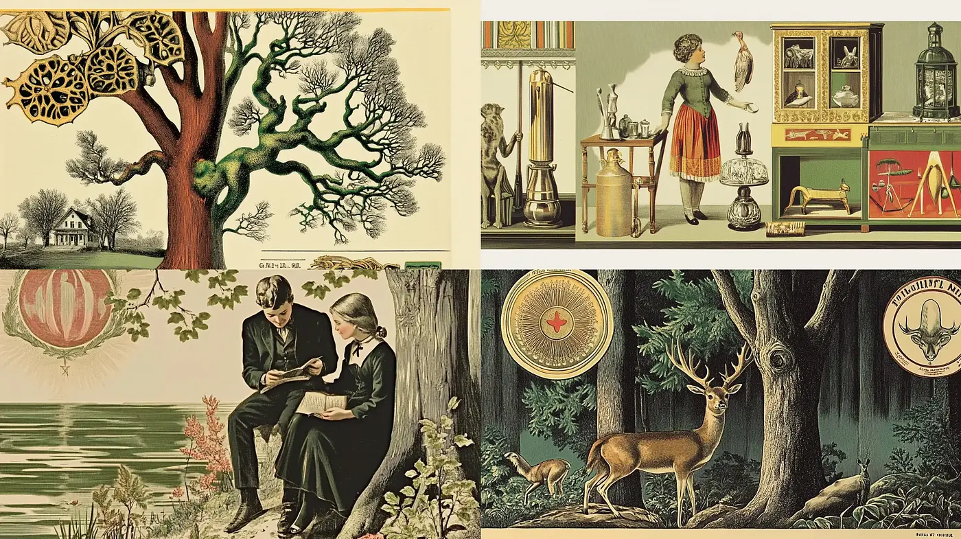 Engraved Pastoral Elegance with Botanical Motifs - Midjourney sref style